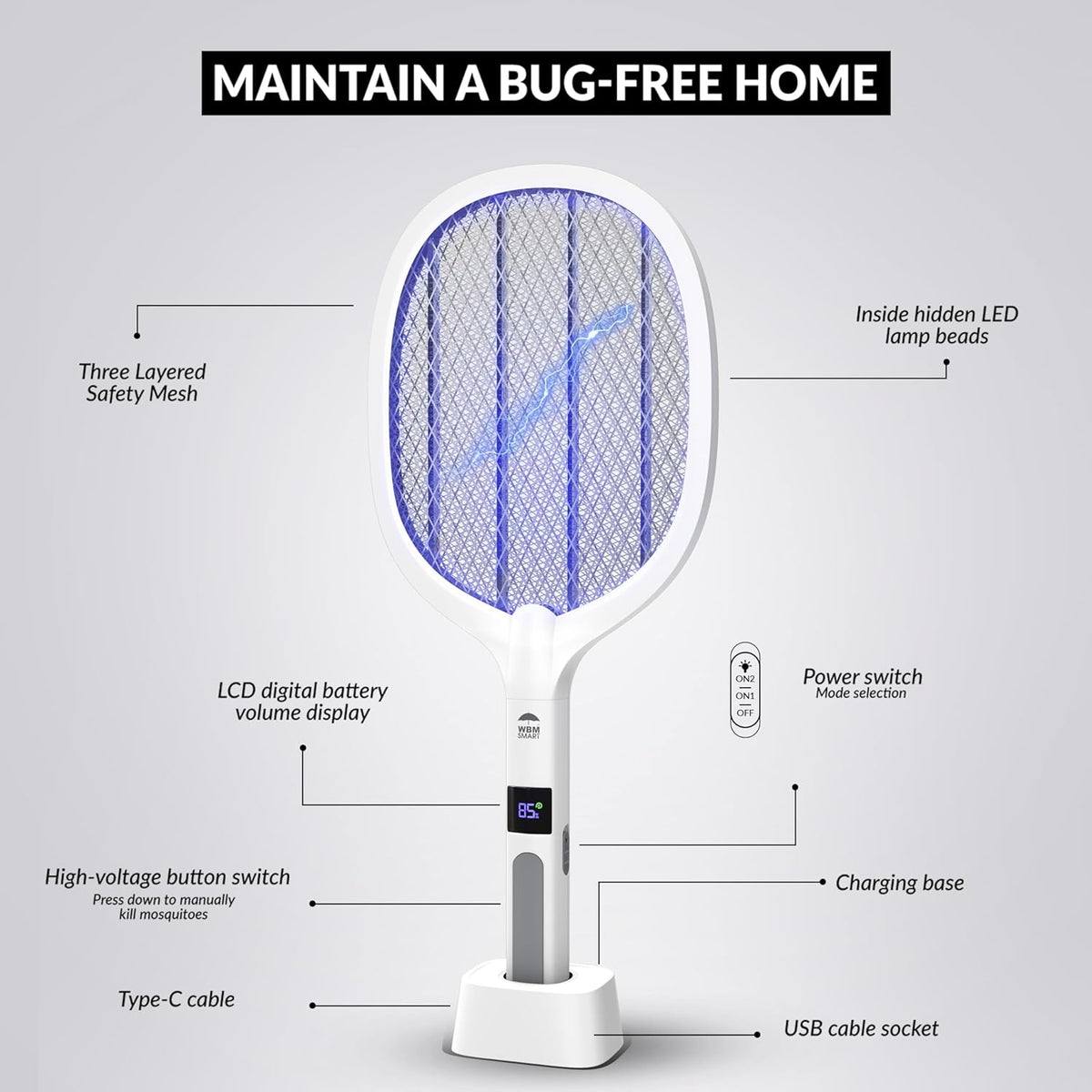 WBM SMART 2 in 1 Electric Bug Zapper, Mosquitoes Trap Lamp & Racket, USB Rechargeable Electric Fly