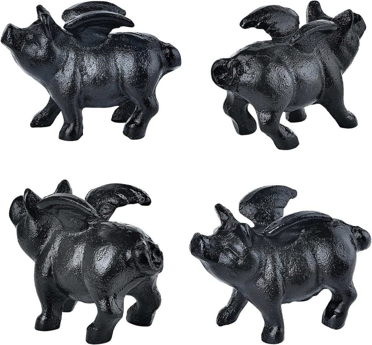 Sungmor Whimsical Cast Iron Flying Pig Statue, 2pcs Rustic Black Cute Little Piggy Paperweight