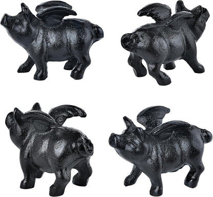 Sungmor Whimsical Cast Iron Flying Pig Statue, 2pcs Rustic Black Cute Little Piggy Paperweight