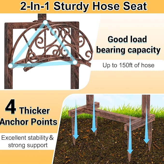 Garden Hose Holder Hanger Freestanding, Upgraded 4 Spikes Heavy Duty Storage Reel Stand with