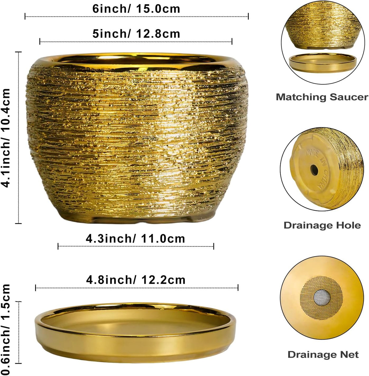 SQOWL Ceramic Planter - 6 Inch Plant Pot Indoor Outdoor, Modern Round Planter with Drainage Hole
