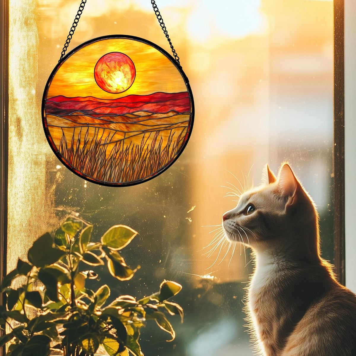 Stained Glass Window Hanging 4 Pcs Set Desert Sunset Theme Landscape 9.8" - Suncatcher Door Garden