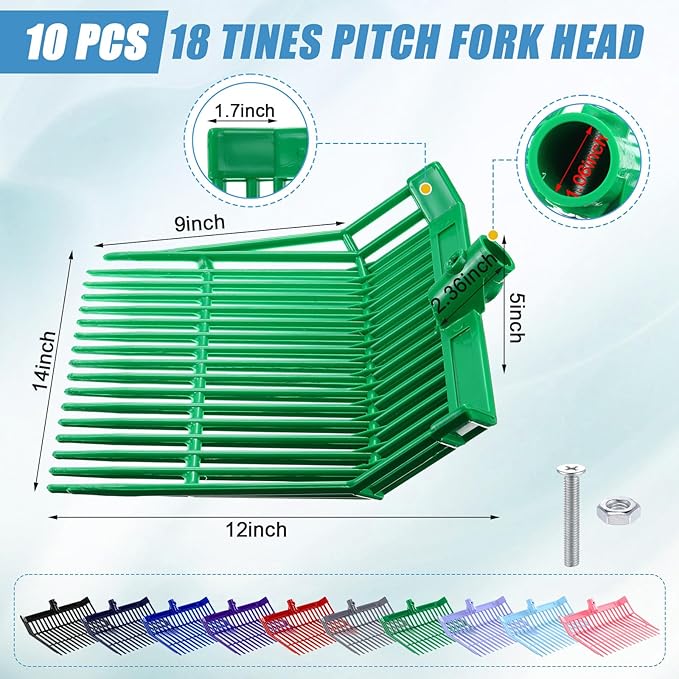 Lasnten 10 Pcs Manure Fork Head 18 Tines Pitch Fork Head with Screws and Nuts Durable Stable ABS