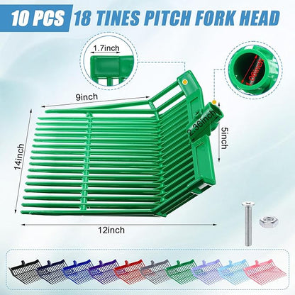 Lasnten 10 Pcs Manure Fork Head 18 Tines Pitch Fork Head with Screws and Nuts Durable Stable ABS