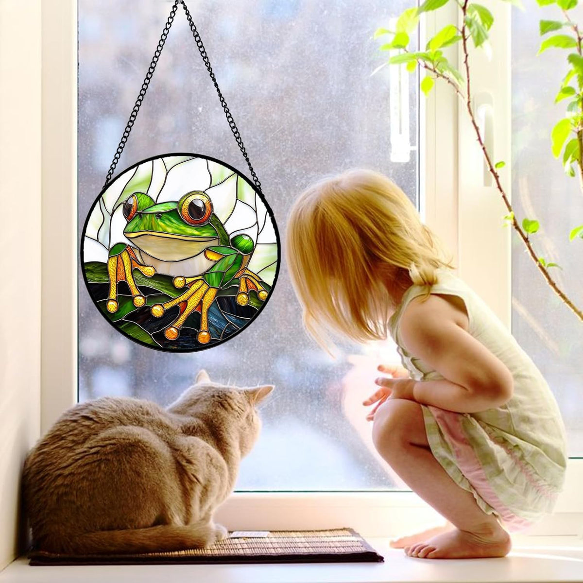 Stained Glass Window Hanging, Green Frog White Petals Sun Catchers Colorful Glass Panel Cute