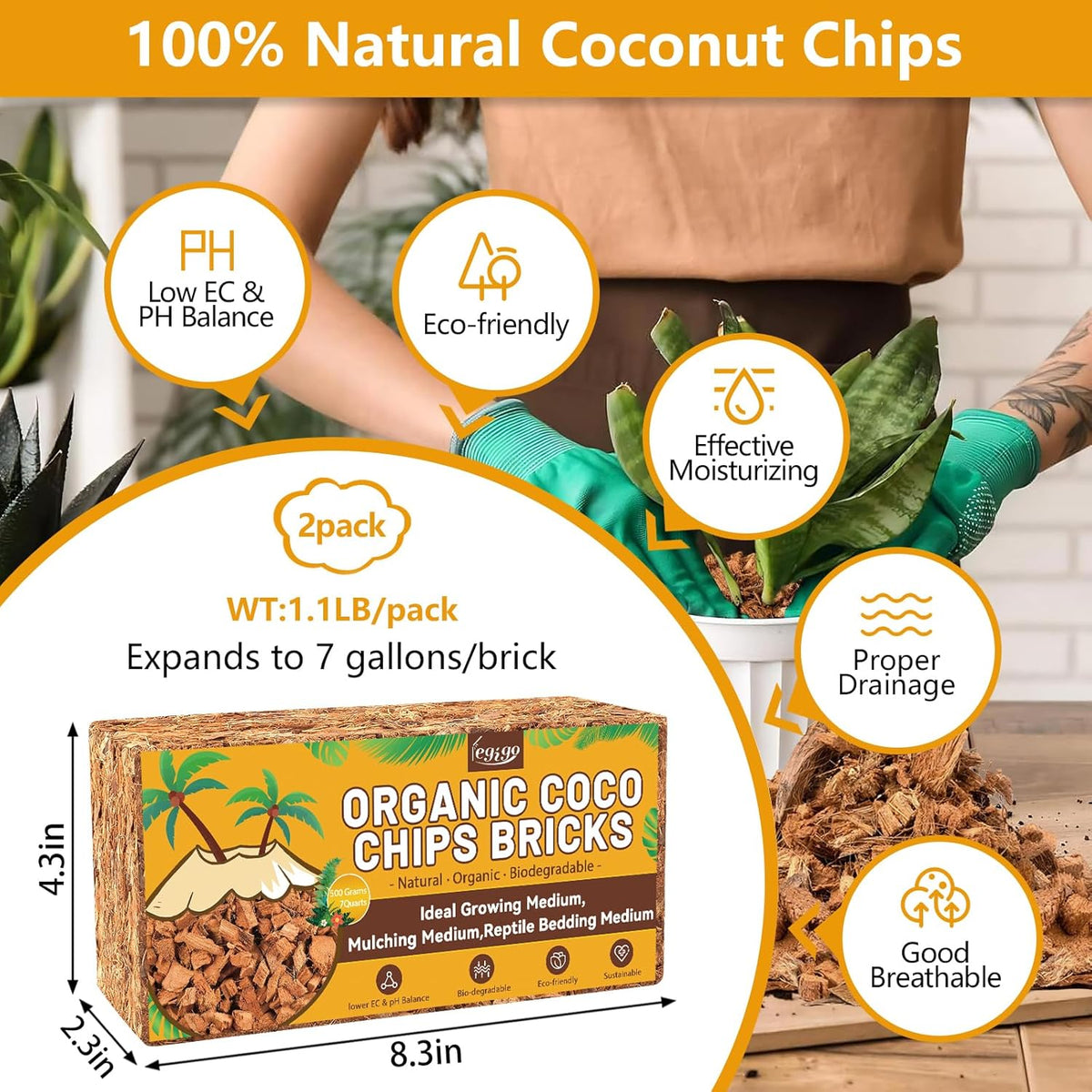 Legigo 2 Pack Coco Husk Chips- 2.2 LB 100% Organic Coconut Coir Chips Brick Potting Soil Mix with