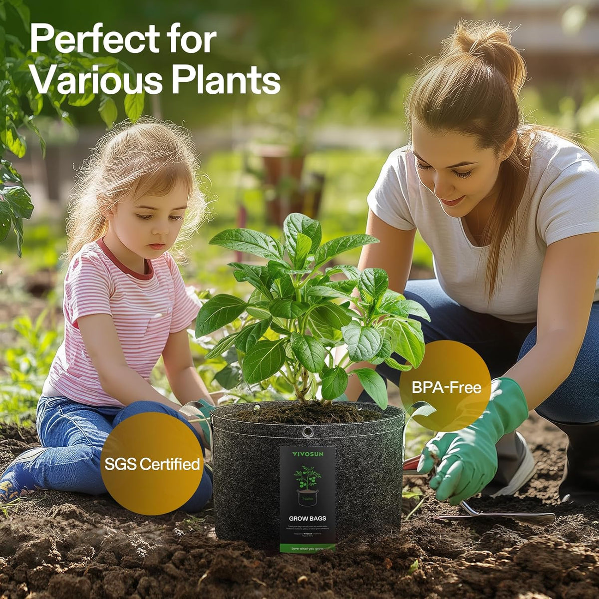 VIVOSUN 5-Pack 7 Gallon Grow Bags, 500G Thick Nonwoven Fabric Pots with Strap Handles