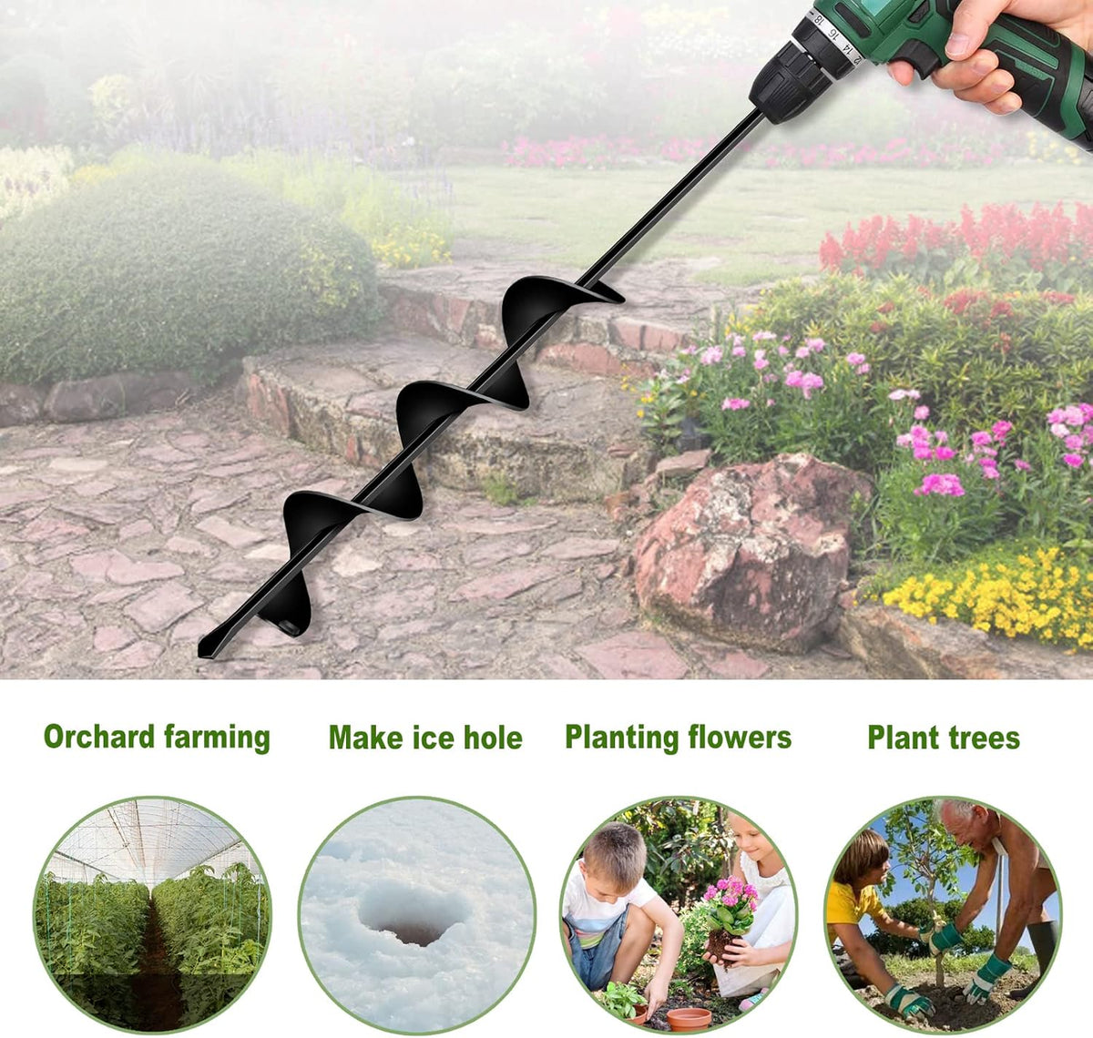 LONGRUN Auger Drill Bit for Planting, Garden Spiral Hole Drill for 3/8” Hex Drive Augers, Solid