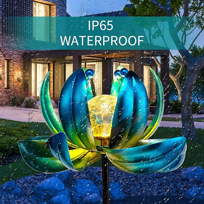 Huaxu Solar Outdoor Lights 35.4In Garden Decor Flower Wind Spinners,Waterproof LED Crackle Glass