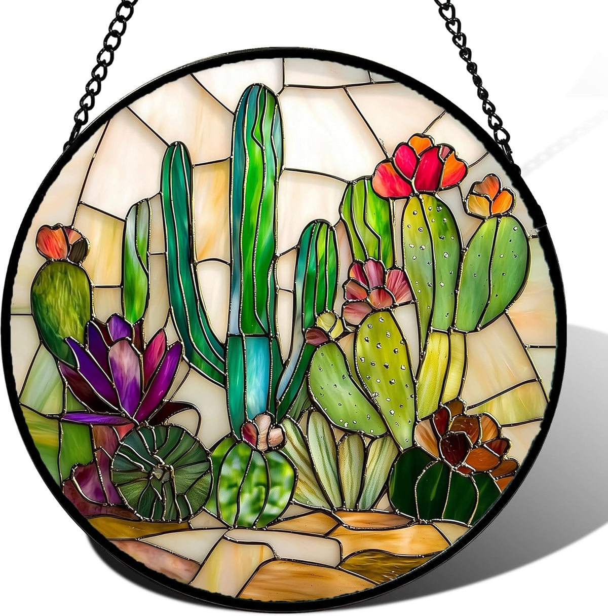 Stained Glass Window Hanging, White Green Cactus Suncatcher Diamond Glass Panel Hangings Sun