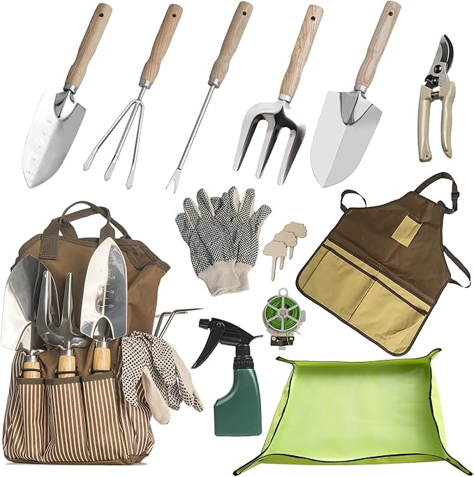 13-Piece Garden Tools Set with Tote Bag & Apron, Repotting Mat - Stainless Steel Heavy Duty