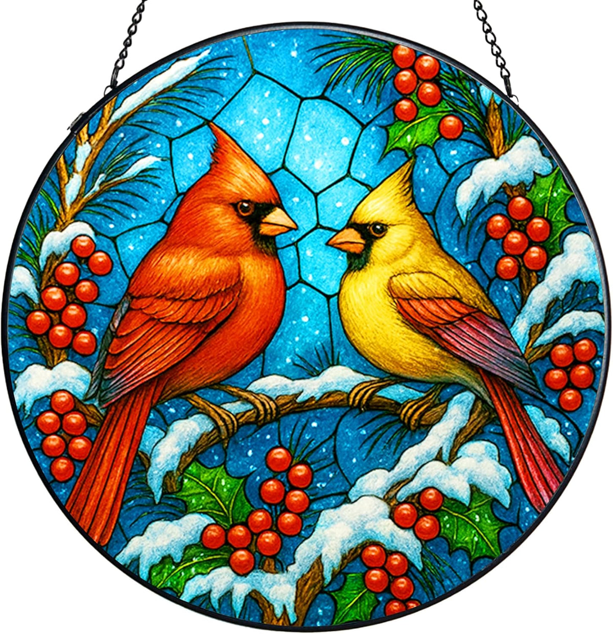 Stained Glass Window Hanging,Winter Red Cardinal Sun Catchers Stained Glass Panels for Indoor