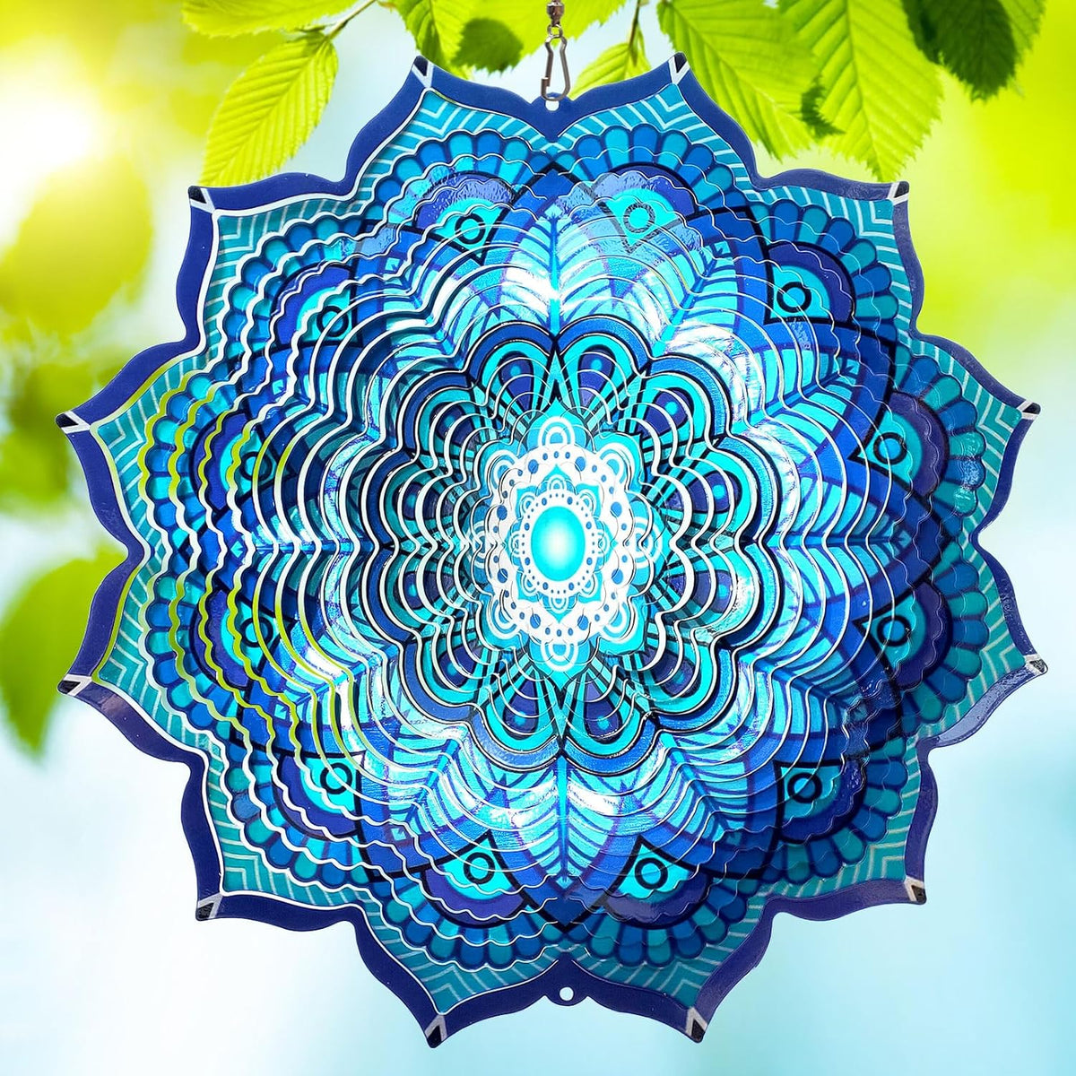 Goolyrusim Wind Spinner Mandala Rich Blue 12inch 3D Stainless Steel Wind Spinners Laser Cut Metal