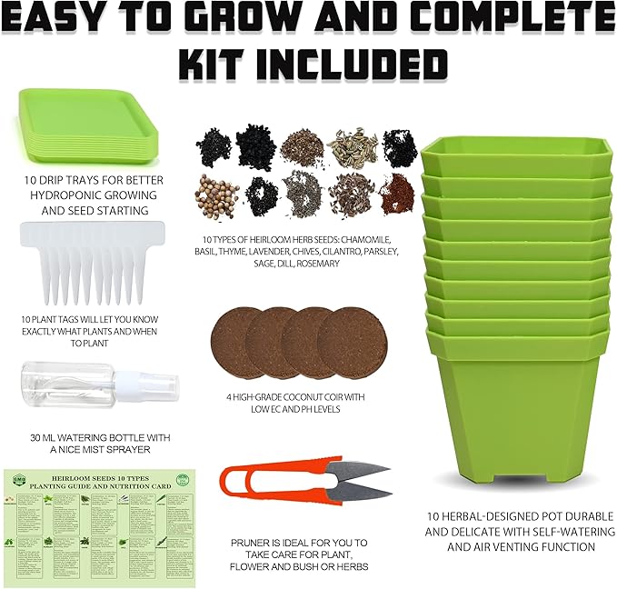 10 Herb Seeds Garden Starter Grow Kit with Green Pots, Markers, Nutritional Soil, Watering, Herb