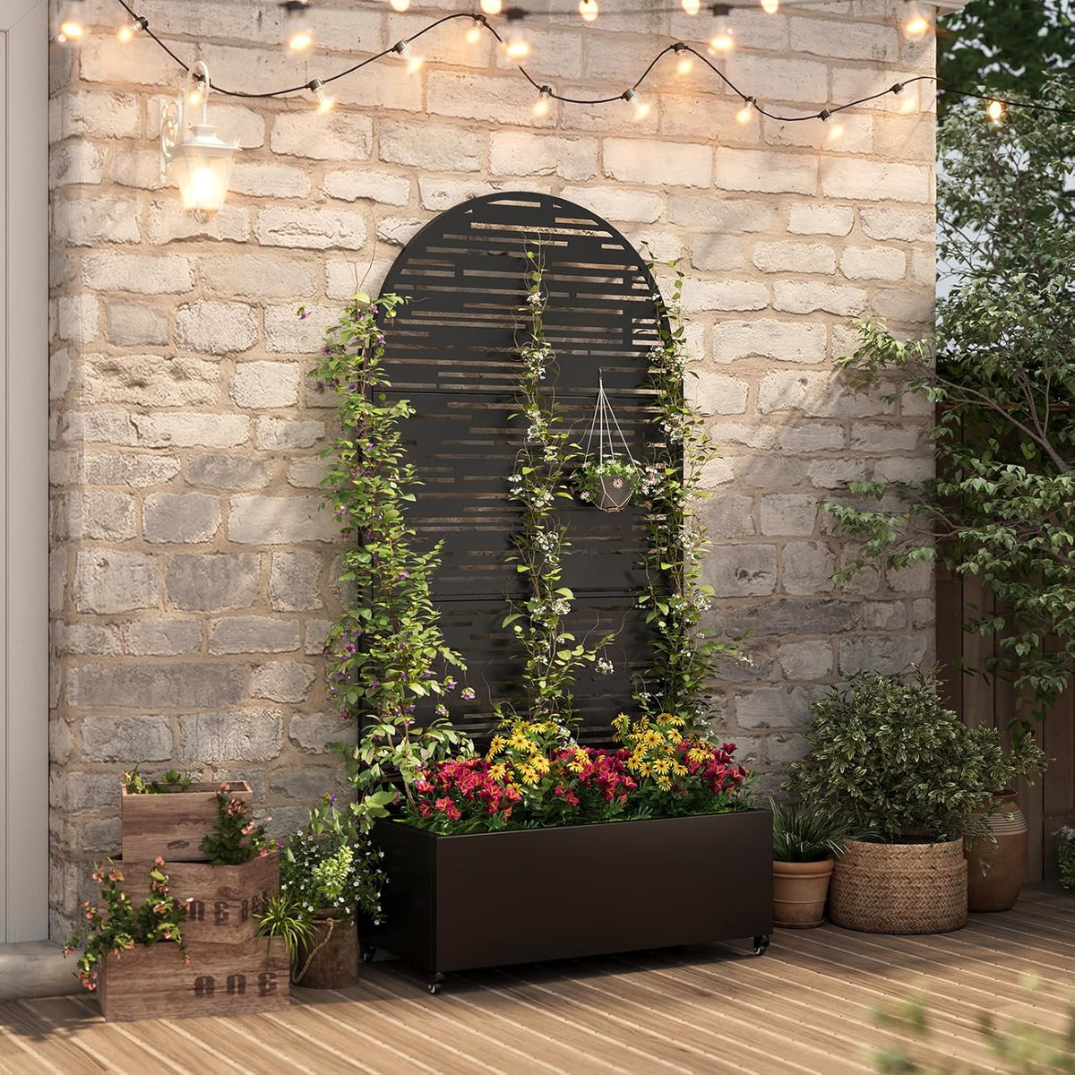 Metal Raised Garden Bed with Trellis & Wheels,72" x 35"x 15.7" Planter Box with Trellis,Privacy