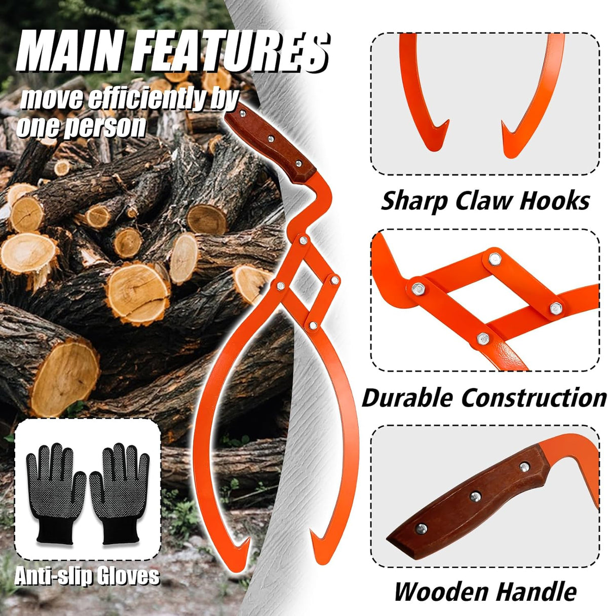 Log Grabber 20", 440LBS Logging Tongs with Gloves Handle Non-Slip Grip Hook, 2 Claw Skidding Tongs