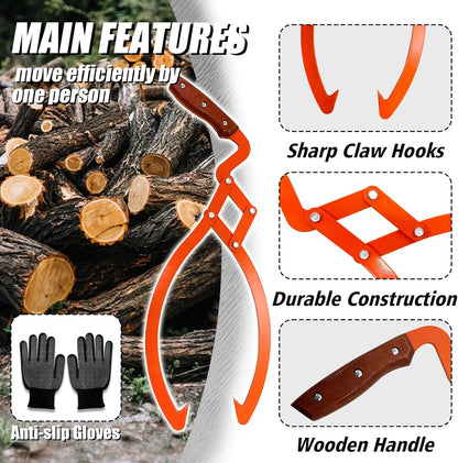 Log Grabber 20", 440LBS Logging Tongs with Gloves Handle Non-Slip Grip Hook, 2 Claw Skidding Tongs