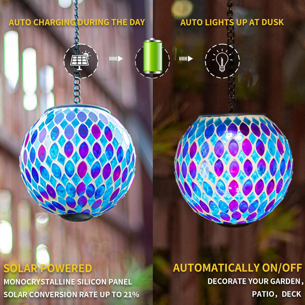 VCUTEKA Hanging Solar Lanterns Mosaic Solar Lights with Hook Up, Outdoor Garden Lights Decor for