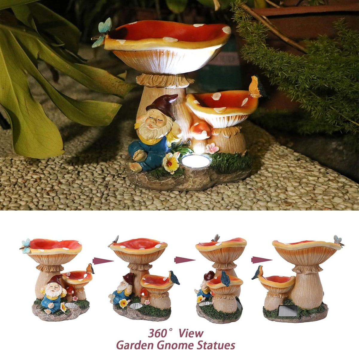 Garden Gnome Statue, Solar Powered Gnome Figurine with Mushroom Decor, Waterproof Resin Lawn