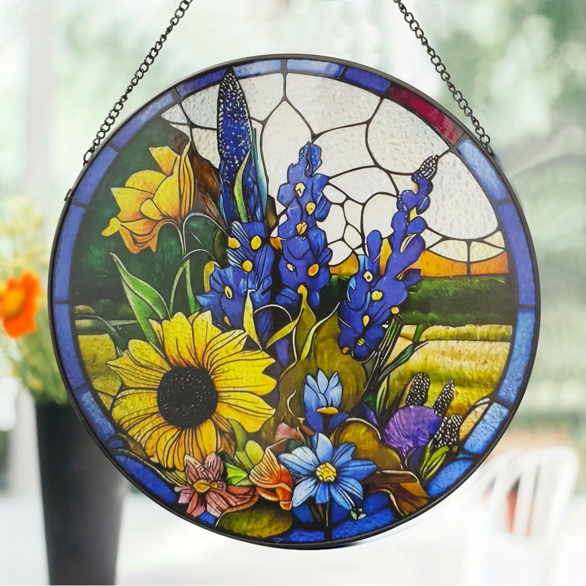 Sunflower Lavender Suncatcher Stained Glass Window Hanging, 9.8'' Hand-Painted Floral Sun Catcher