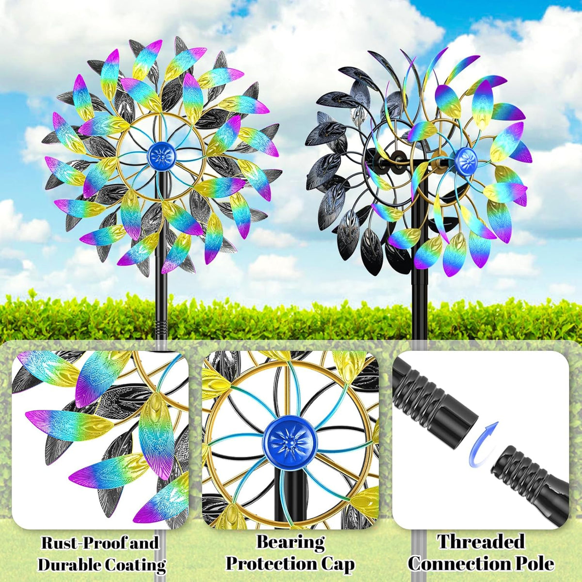 Metal Outdoor Wind Spinner, 2-Way Wind Sculpture Spinner with Metal Stake, Waterproof 360 Degrees