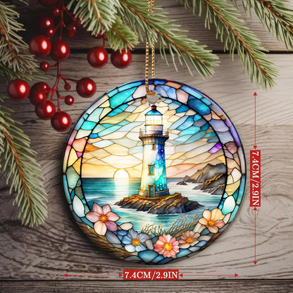 Colorful Ceramic Lighthouse Christmas Ornament for Tree, Holiday Decorations, Christmas Decor