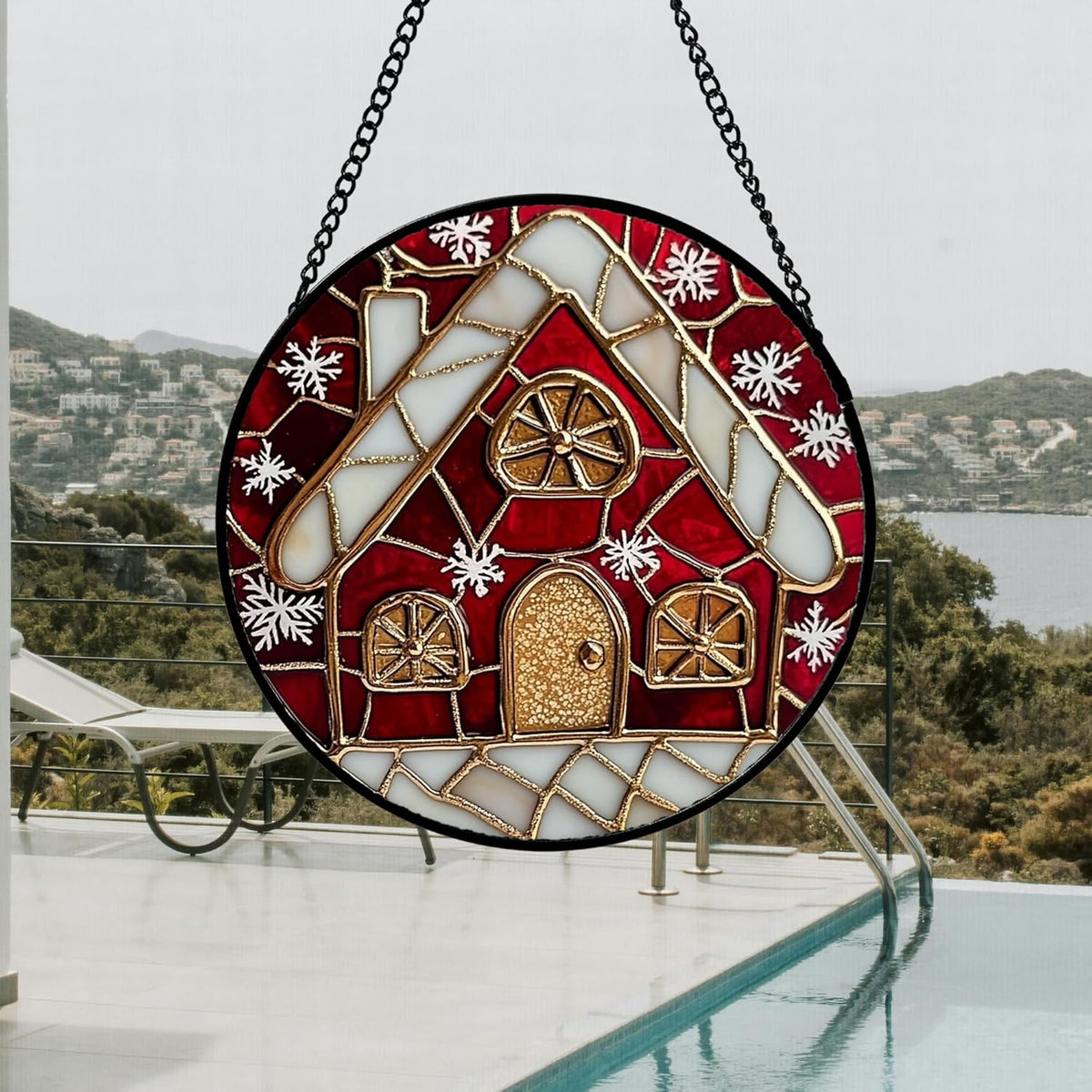 Stained Glass Window Hanging 4 Pcs Set Red Christmas Themed Decorations Large 11.8" - Suncatcher