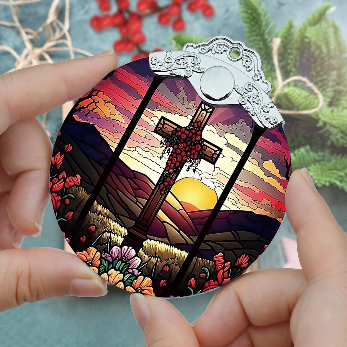 Cross Christmas Ornament - Stained Glass Holiday Decoration for Tree, Xmas Gift Idea