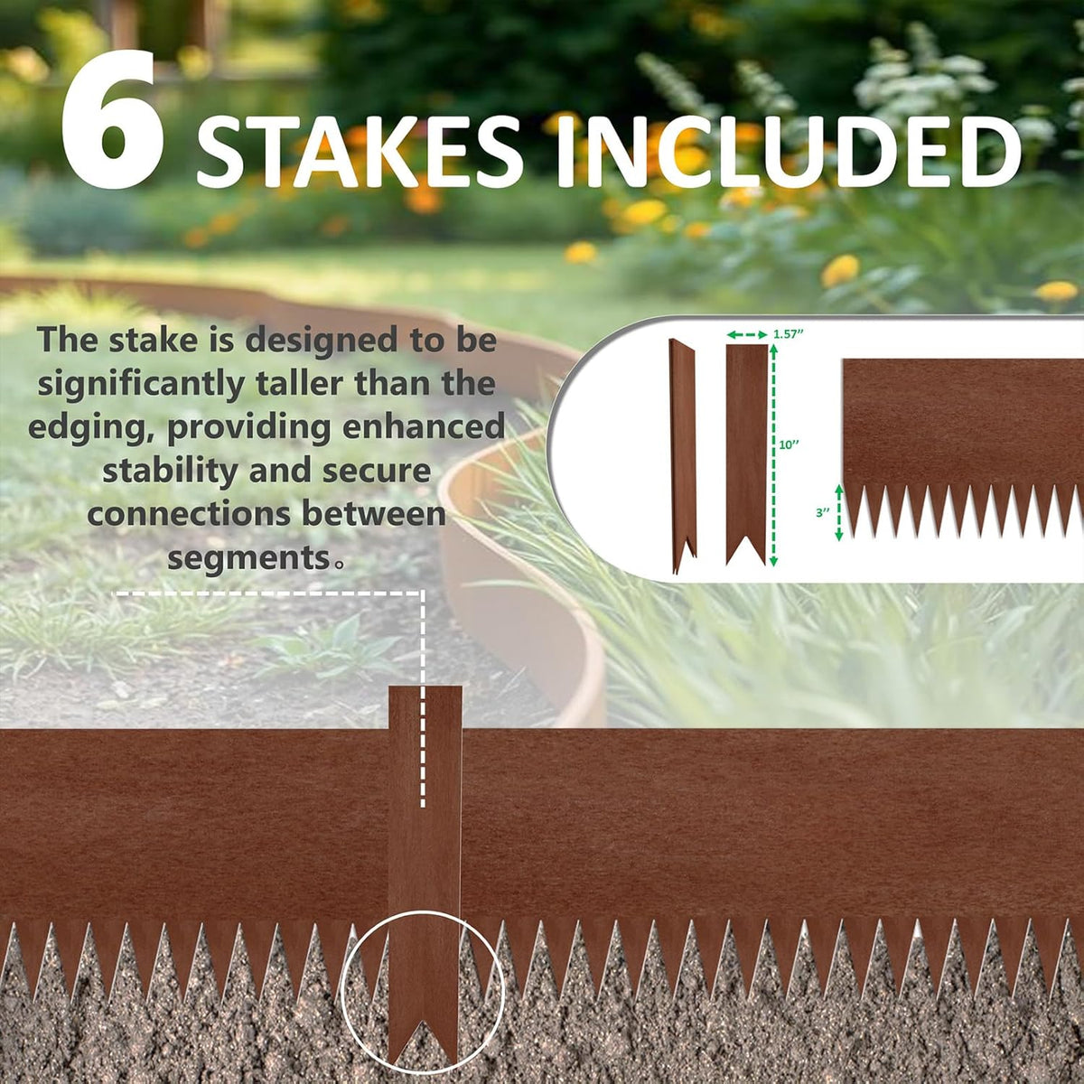 20ft. 6-Pack Cor-Ten Steel Landscape Edging - 40" L x 8" H Lawn Edging with 6 Stakes, Hammer-in