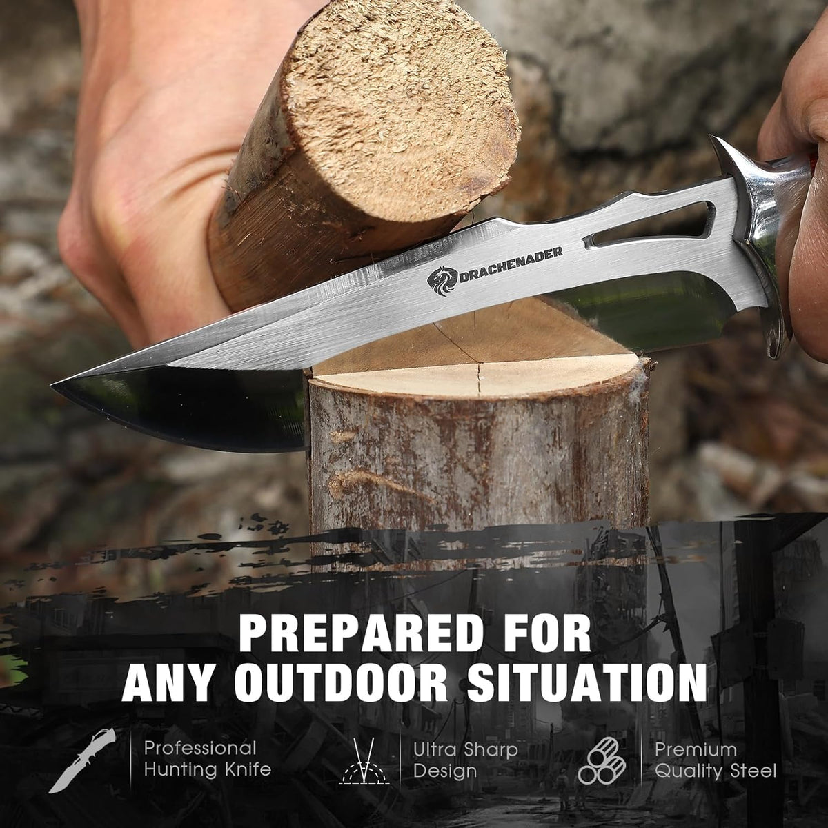 10.24" M390 Knives Hunting Knife Fixed Blade with Leather Sheath, Bushcraft Full Tang Knife