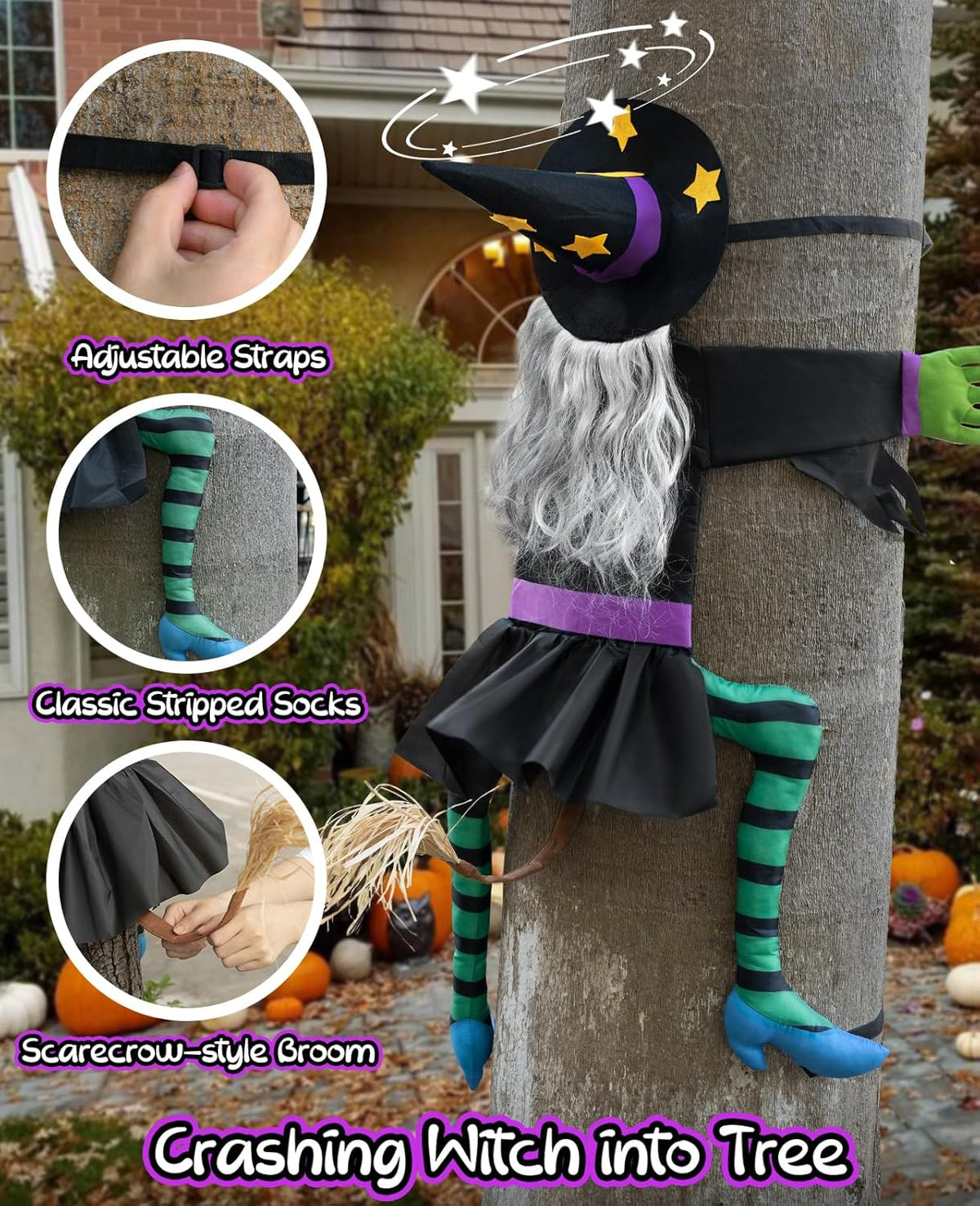 Crashing Witch for Halloween Decorations Outdoor: Hilarious Witch Decor with Adjustable Band for