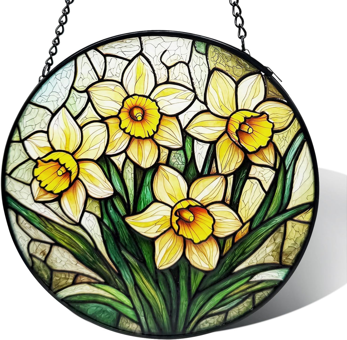 Stained Glass Window Hanging, Daffodil Flower Diamond Glass Panel Suncatcher Plant Sun Catchers for