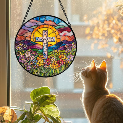 Stained Glass Window Hanging - Cross Flower Sea Sun Catcher for Door Terrace Garden Home Decor