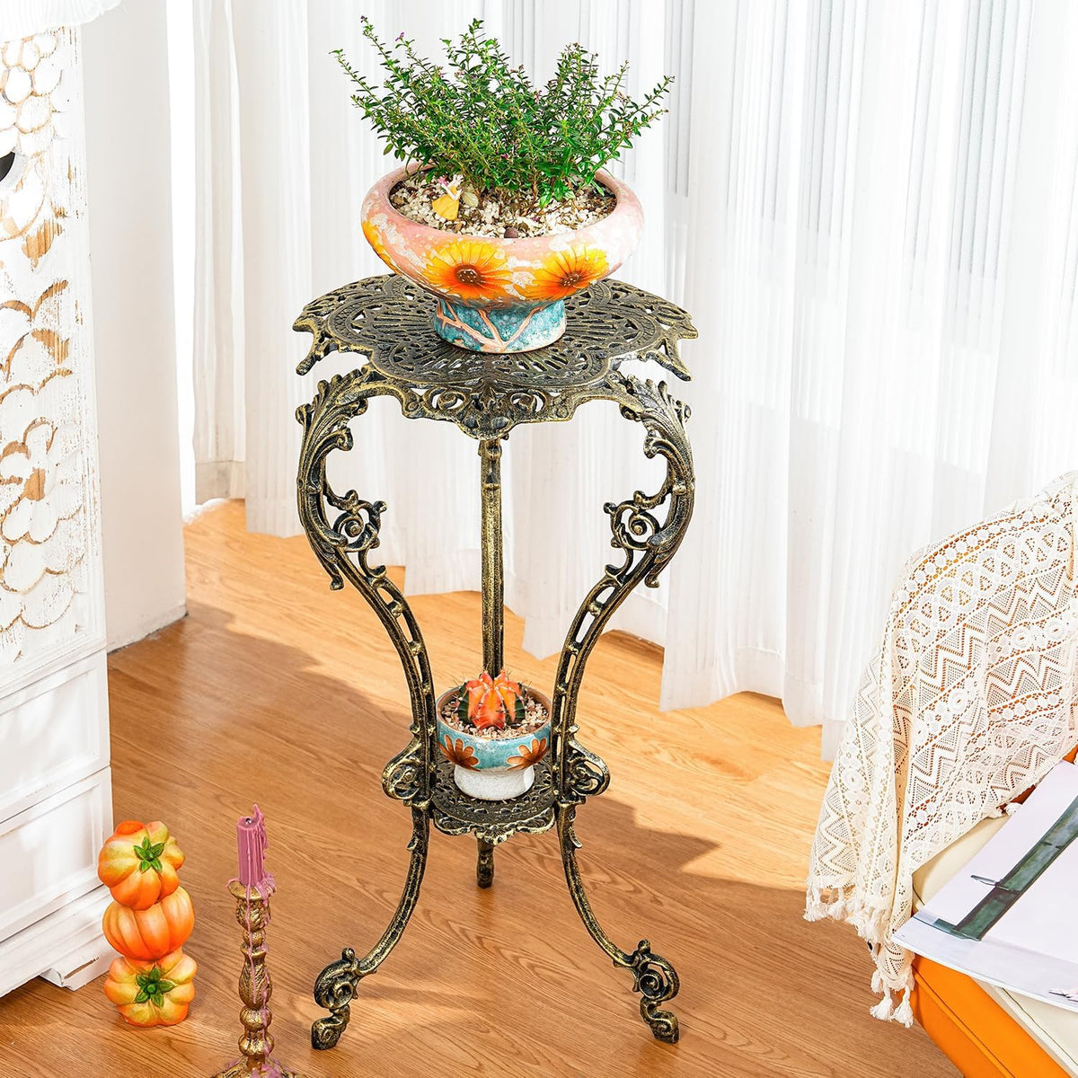 Sungmor Vintage Cast Iron Plant Stand - Ornate Gold Pedestal Table for Indoor Outdoor Garden, 27.5"