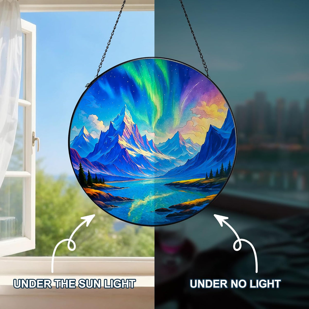 Stained Glass Window Hanging,Winter Aurora Sun Catchers Stained Glass Panels for Indoor Windows