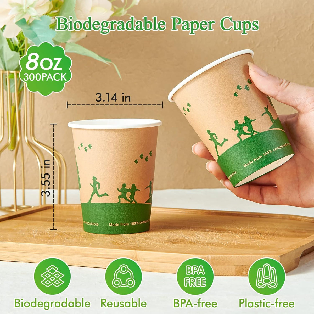 ECOLipak 300 Count Compostable Paper Cups, 8 oz Biodegradable Disposable Paper Coffee Cups with PLA