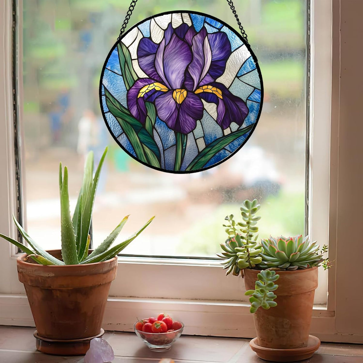 Stained Glass Window Hanging - Iris Birth Flower Suncatcher for Doors Garden Yard Purple Blue Sun