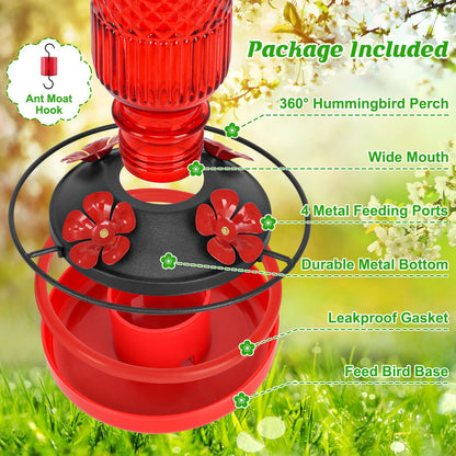 FEED GARDEN Glass Hummingbird Feeder for Outdoors Hanging, 16 oz Leak-Proof Nectar Feeder with Bee
