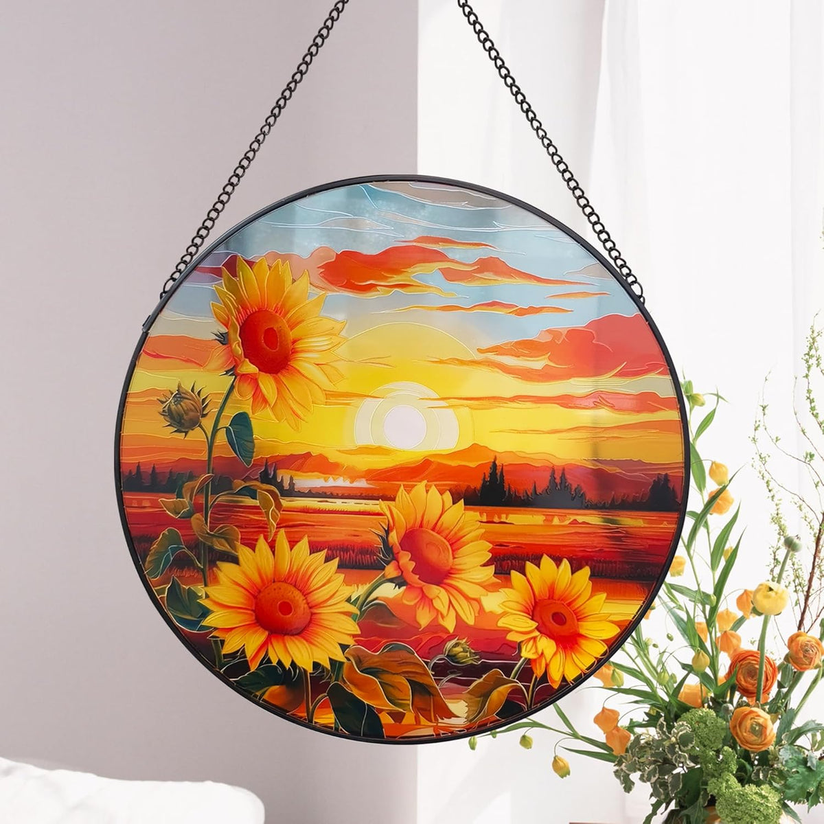 Sunflower Suncatcher Hanging Stained Glass Window Decor, Sunset Sun Catcher Wall Decor for Flower