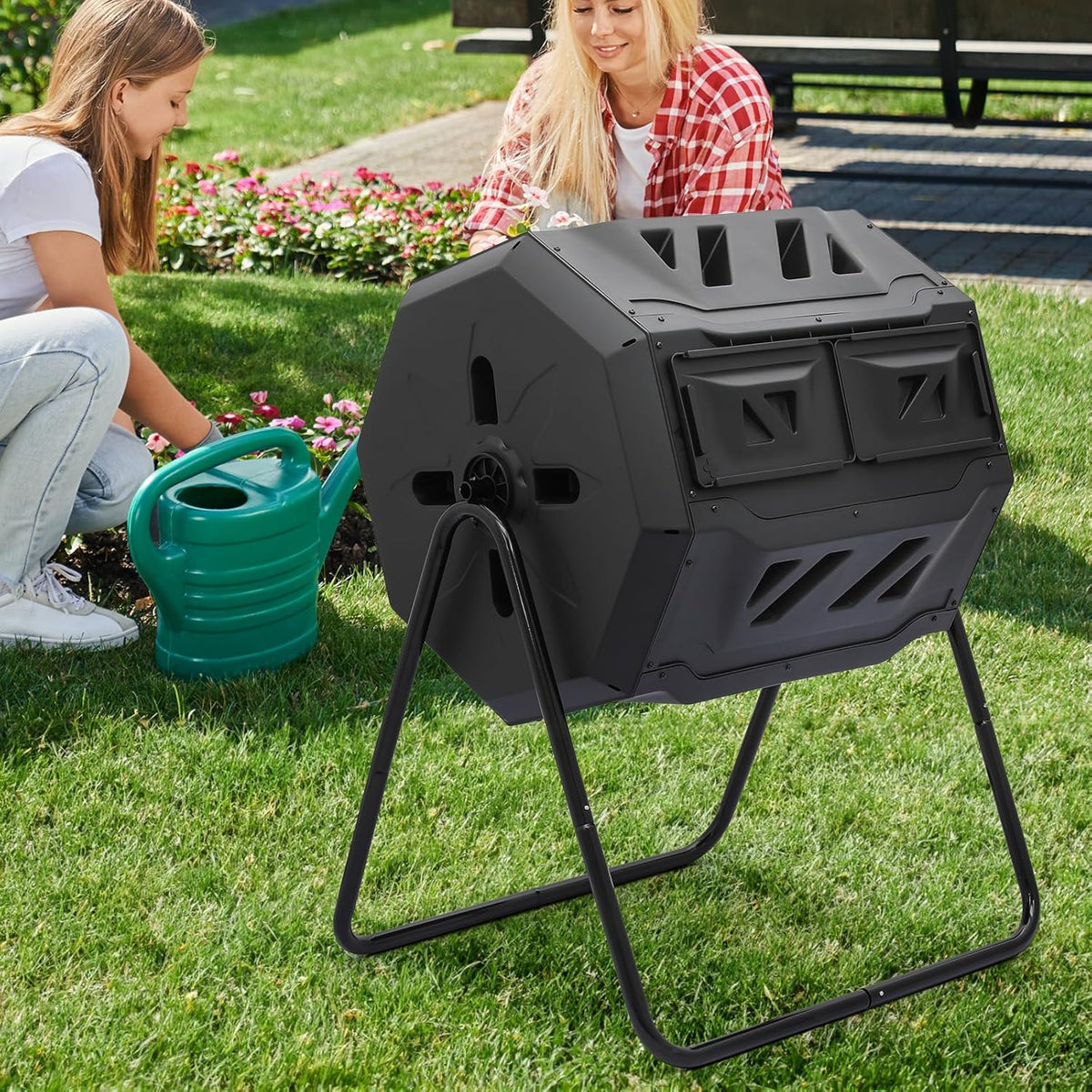 MoNiBloom 43 Gallon Compost Tumbler, Outdoor BPA Free Large Dual Chamber Tumbling Compost Bin
