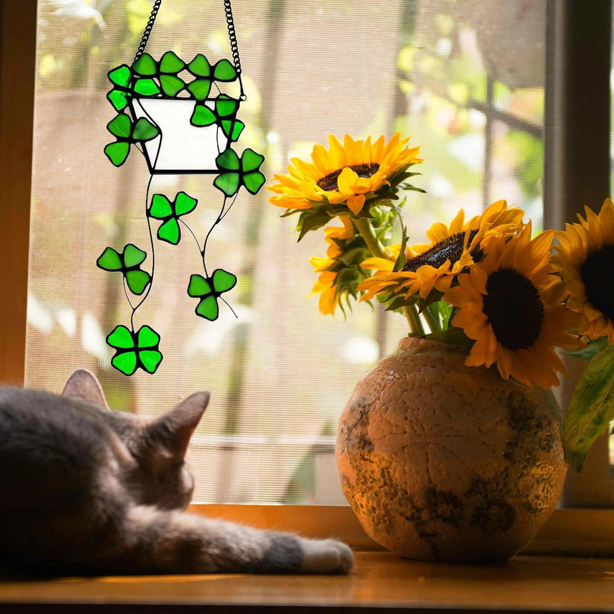 Stained Glass Four Leaf Clover Decor Suncatcher for Window, Artificial Green Plants Stained Glass