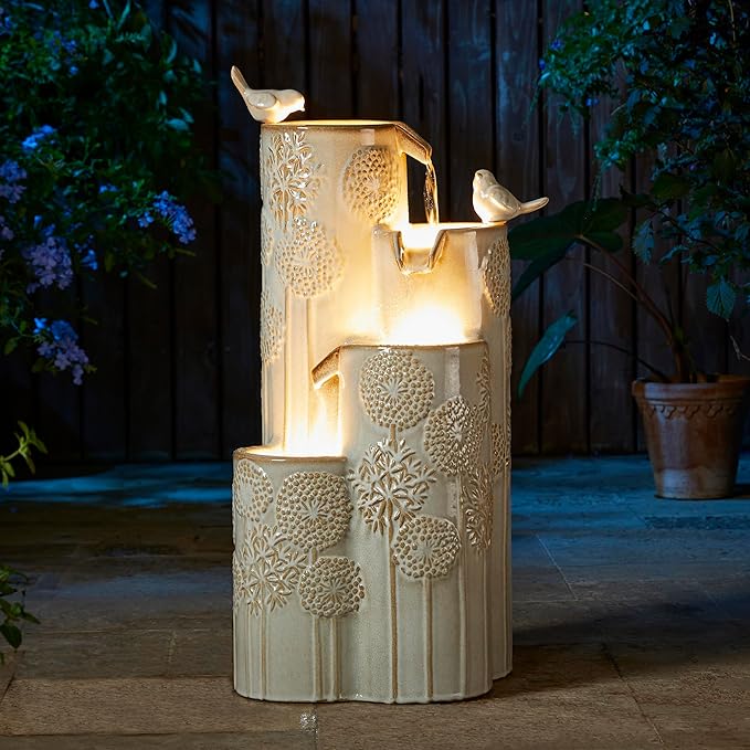 Glitzhome 31.75" H Outdoor Water Fountain with LED Lights and Pump, 4 Tier Dandelion Texture Vase