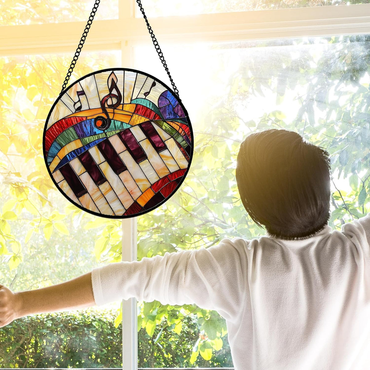 Stained Glass Window Hanging, Piano Notes Sun Catchers Glass Panel Suncatcher Decor for Birthday