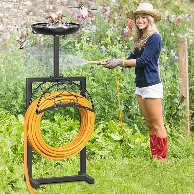 Garden Hose Holder Hanger Freestanding, Upgraded 4 Spikes Heavy Duty Storage Reel Stand with Bird