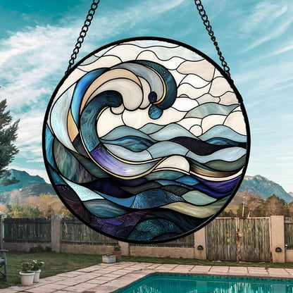 Stained Glass Window Hanging, Ocean Waves Sun Catchers Diamond Glass Panel Hangings Abstract