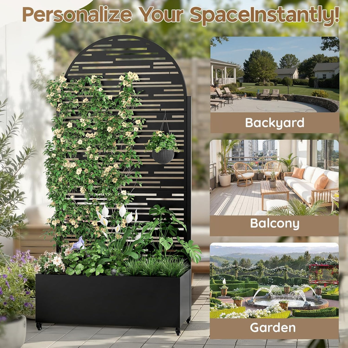 Metal Raised Garden Bed with Trellis & Wheels,72" x 35"x 15.7" Planter Box with Trellis,Privacy