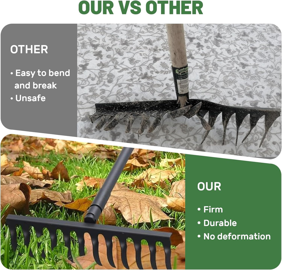 60" Bow Rake 12 Tines Metal Head Rakes with Adjustable Handle, Thatch Rake for Gathering Thatch