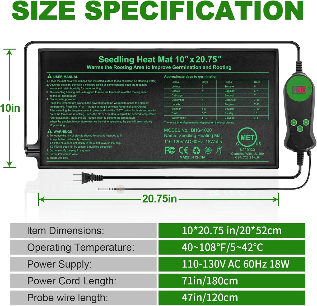 Seedling Heat Mat with Built-in Temperature Controller, 10" x 20.75" Waterproof Plant Heating Pad
