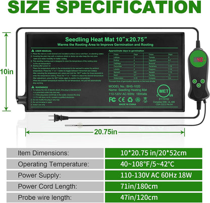 Seedling Heat Mat with Built-in Temperature Controller, 10" x 20.75" Waterproof Plant Heating Pad