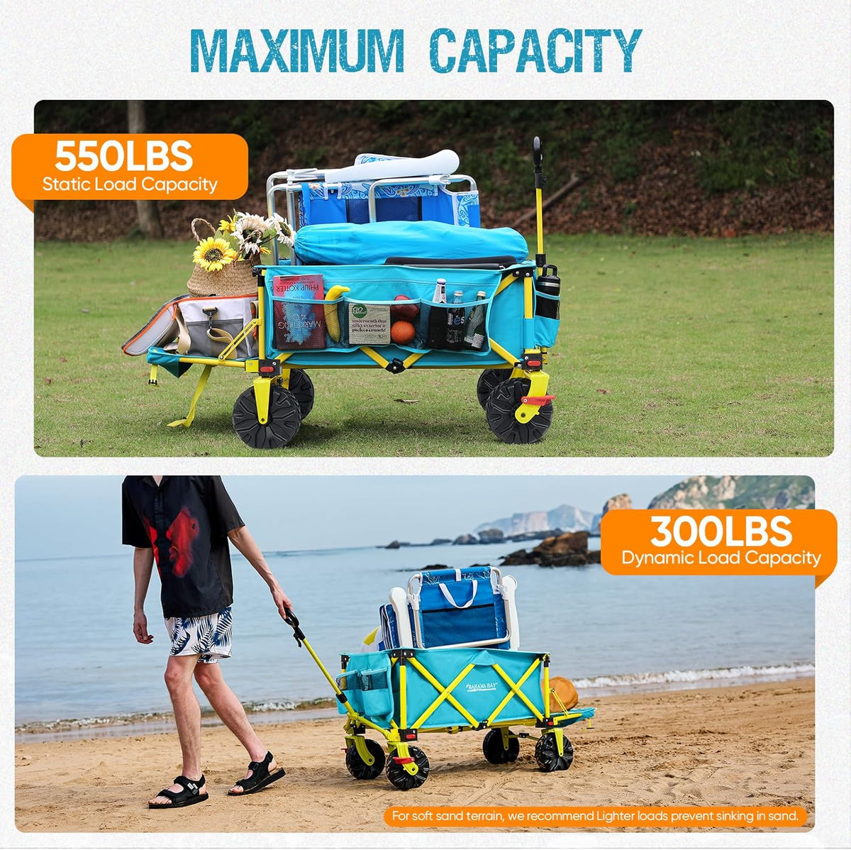 Old Bahama Bay 550lbs Extra Long 49" L Beach Wagon with Big Wheels with Brake for Sand, Collapsible
